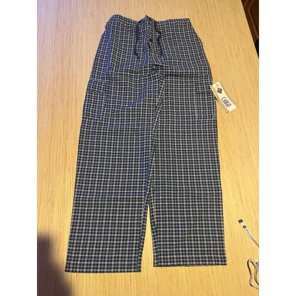 NorthCrest Mens Plaid Cargo Pajama Pants Blue White Cotton Size M 32-34 NWT 44